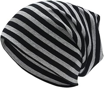 ZLYC Bonnet fin et souple en coton pour homme et femme - Tendance - Doux - En tricot extensible, Rayures noires et grises, Taille unique