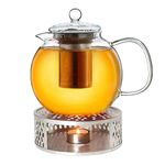 Creano Glass Teapot 1700ml with Warmer - Stovetop Safe Tea Kettle with Stainless Steel Infuser and Glass Lid, Ideal for Preparing Loose Teas - Drip Free