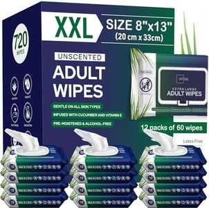 Adult Wipes For Elderly - 8"x13" 720ct (12 Packs of 60) Huge & Soft Non-Flushable Body Wipes for Adults Bathing No-Rinse - Incontinence Disposable Washcloths, Vitamin E & Aloe Infused Shower Wipes.