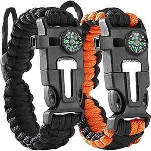 2 Pack Adjustable Paracord Bracelets Kit Ourtdoor Survival Bracelets Gift with Firestart Whistle Loudest Camping Compass