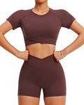 TZLDN Workout Sets for Women 2 Piece Gym Clothes Short Sleeve Crop Top Cross Waist Scrunch Shorts Outfits Yoga Activewear #2Workout Set - Coffe, Small