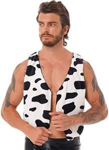 LiiYii Men's Halloween Costume Cow Print Vest V Neck Tank Tops Flannel Waistcoat Cowboy Tops Black 4X-Large