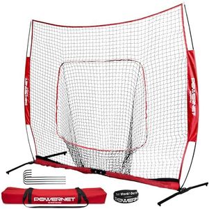 PowerNet Pro One Piece Softball Baseball Net, Portable Baseball Training Equipment, Hitting, Throwing & Pitching Net with Carrying Bag (Red, 8x8 FT)