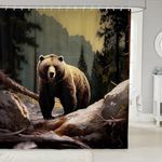 Kids Cabin Bear Shower Curtain Farmhouse Bear Animal Bath Curtain for Teens Decor Smoky Mountain Bathroom Shower Curtain Set Black Brown Kids Bathroom Accessories 72"x84"