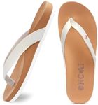 ONCAI Womens Flip Flops For Women Comfortable Leather Strap Yoga Mat Non-Slip Women's Thong Sandal Casual Summer Beach Slippers With Arch Support White/Khaki Size 9