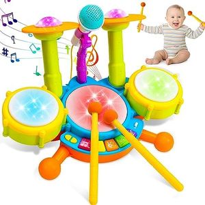 Kids Drum Set for Toddlers 1-3 Musical Baby Toys for 1 Year Old Boy Gifts Montessori Baby Girl Toys with Microphone Light Up Learning Toys Birthday Gifts for Infants 6 9 12 18 Months Toddler Age 1-2