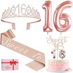 Amosking Sweet 16 Birthday Decorations for Girls, Including Sweet 16 Cake Toppers, Crown/Tiara, Sash, Candles, Sweet 16th Birthday Gifts for Girls. Sweet 16 Party Decorations