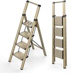 WOA WOA Ladder, Step Ladder 4 Step Folding with Wide Pedals, Lightweight Stepladders for High Closet, Tall Aluminum Ladder with Non-Slip Feet, Indoor Step Ladder Space Save 330lbs - Gold