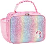 BrainyBees Kids Lunch Bag Girls - Kids Lunch Box for Girls Insulated Lunch Bag with Water Bottle Holder Toddler Lunch Box for Daycare and School, Pink Glitter Unicorn