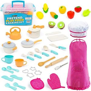 Kids Cooking and Baking Chef Set with Sliceable Play Food | Complete Cooking Set | Toddler Pretend Play Kitchen Toys | Kid Chef Apron, Fruit, Veggies, Hat & Utensils | Kids Toy (Chef Set w/ Play Food)