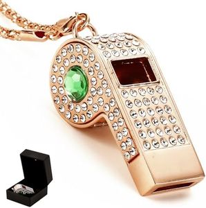 Little Syohe Gold Bling Rhinestone Whistle Necklace, Metal Loud Whistle with Chain, Decorative& Practical Accesory for Referees, Coaches, Teachers - Gift Box Included (Green Crystal)