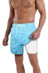 QRANSS Mens Swim Trunks Compression Liner Workout Athletic Shorts Quick Dry 5'' Swimwear Shorts with Phone Pocket, 6137light Blue, Large
