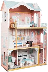 Jumbl Kids Wooden Blue Dollhouse, with Elevator, Balcony & Stairs, Accessories & Furniture Included X-Large 3 Story Easy to Assemble Doll House Toy