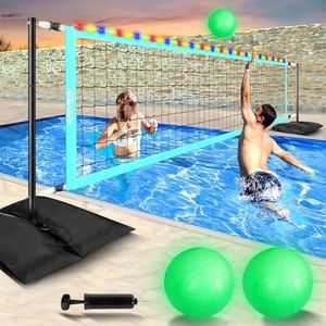 SPOYNAL Pool Volleyball Net Set for Inground Pools – Adjustable Length 15ft to 32ft Outdoor Water Volleyball, Portable Volleyball Net with 4 Sandbags, LED Lights & 2 Glow in The Dark Volleyballs