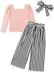 Arshiner Teen Girls Clothing Sets Square Neck Puff Long Sleeve Top + Pink Striped Pants + Headband 3Pcs Set 10-12 Years