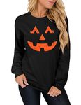 Women Halloween Funny Crewneck Jack O Lantern Costume Loose Fit Casual Tunic Graphic Sweatshirt Pumpkin Face Black L