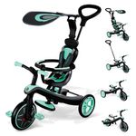 Globber Baby’s Explorer Trike, Premium 4 in 1 Trike System (10mnths-5yrs) with 5 Point Safety Harness, Removable Bar and Adjustable Padded Seat, Sun Canopy, EVA Comfort Wheels, Adaptable Parent Handle