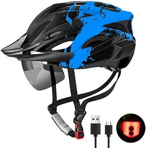 Bike Helmet with USB Rechargeable LED Light Detachable Goggles and Sun Visor, Mountain & Road Bicycle Helmets for Men Women Adult Cycling Helmets (Blue)