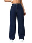 TOPLOT Women High Rise Cotton Lycra Solid Wide Leg Jeans (Straight-Jeans-5204-Dark Blue-36)