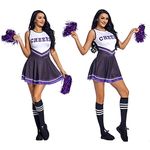 Women's Uniform Fancy Dress Uniform Outfit Costume Complete Outfit+Cheerleading Pom Poms+Socks(Size L,Black)