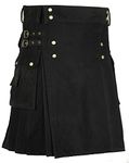 Scottish Cotton Kilt Deluxe Tartan Goth Outdoor Utility Kilts Highland Skirt (30, Black/Brassy Button)