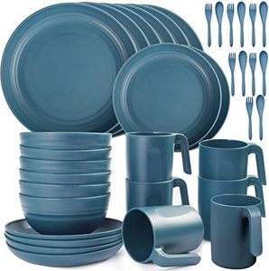 Shopwithgreen Reusable Plastic Dinnerware Sets (Plates, Bowls, Mugs, Forks, Spoons) for Kids and Adults, Picnic and Camping Mess Set, 36 pcs Service for 6