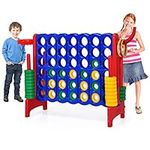 AKUSTIK Giant 4-to-Score Game Set Jumbo with Basketball and Hoop, 42 Chess Pieces, Quick-Release Slider, Backyard Games for Kids Indoor Outdoor Family Party (Red)