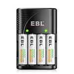 EBL AA Rechargeable Batteries 2800mAh 4-Pack and Smart Battery Charger with AC Wall Plug for AA AAA Ni-MH Ni-CD Rechargeable Batteries and 9V Batteries