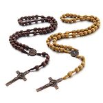 COLORFUL BLING 2Pcs Natural Wooden Bead Rosary Necklace Cross Crucifix Catholic Pendant Catholic Prayer Jesus Saint for Men Women Handmade Religious Jewelry, Wood, wood