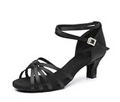 Rosefinch Latin Dance Shoes for Womens Satin Ballroom Salsa Practice Performance Wedding Dancing Shoes High Heels Dancing Shoes for Girls Ladies 5cm Black 37