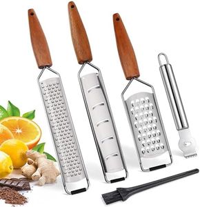 ALLWIN-HOUSEWARE Cheese Grater Zester Set of 5, 304 Stainless Steel with Acacia Wood Handle Kitchen Grater & Peeler & Slicer for Cheese, Lemon, Ginger, Garlic, Nutmeg, Fruits, Vegetables, Chocolate