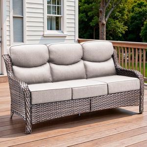 Pugire 71'' Patio Couch Outdoor Wicker Sofa, Heavy Duty All-Weather Rattan 3-Seater Sofa with Deep Seating and Removable Cover, Outdoor Patio Furniture for Deck Porch Sunroom Backyard Brown/Beige