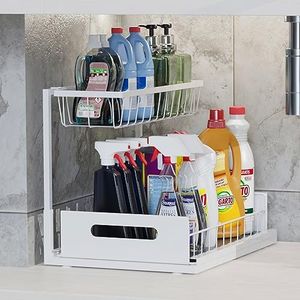 Under Sink Organizer and Storage, 2-Tier Cabinet Storage shelves Cleaning Supplies Organizers Home Kitchen Bathroom Organization with Pull-Out Sliding Drawer (White)