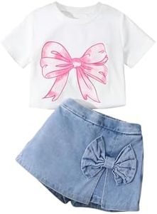 Verdusa Toddler Girl's 2 Piece Bowknot Outfits Summer Graphic Tees with Denim Skort Set White 5 Years