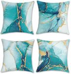 Bonhause Turquoise Marble Throw Pillow Covers 18 x 18 Inch Set of 4 Teal Gold Abstract Art Modern Decorative Pillows Case Soft Velvet Outdoor Cushion Covers for Couch Sofa Bed Home Decor