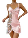 SOLY HUX Women's Floral Embroidery Lace Trim Satin Chemise Nightgown Cami Slip Dress Sleepwear, Pink Floral, Medium