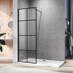 ELEGANT Walk in Black Shower Screen for Wet Room 8mm Safety Tempered Glass Screen Panel Bathroom Reversible Black Grid Framed Shower Screen 700mm