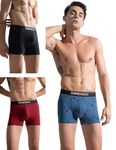 DAMENSCH Men's Deo-Cotton Deodorizing Trunk- Pack of 3- Marbled Blue, Spotted Black, Snapping Red- Small