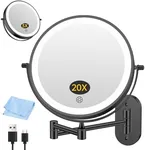 FUNTOUCH 20X/3X Rechargeable Wall Mounted Makeup Vanity Mirror with Lights, Double Sided Magnifying Wall Mount Mirror,3 Color Lighting, Touch Screen Dimming,Extension Arm 360 Rotation Wall Mirrors