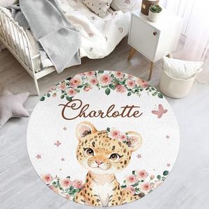 lanleay Custom Name Pink Floral Nursery Rugs for Baby Boys Girls: Lion Design Newborn Rug with Custom Baby Name - Personalized Infants Gifts Circle Area Rug for Toddlers and Children