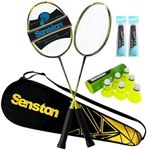 Senston Carbon Fiber Badminton Rackets Set: 2 Racquets, 6 Shuttlecocks (Double The Shuttlecocks), 2 Overgrips and Carry Bag - Complete Kit for Backyard, Gym, All-Weather Play - Adults and Beginners