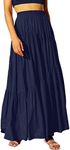 ANRABESS Women’s Boho Elastic High Waist Pleated A-Line Flowy Swing Asymmetric Tiered Maxi Long Skirt Dress with Pockets Navy Green XX-Large