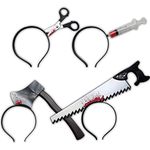 HuPop 4 Packs Halloween Headbands Headpieces - Bloody Axe, Saw, Scissors, Syringe Halloween Fancy Hairband Hair Clip Accessories Decor Decoration