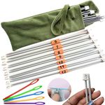 Artonezt Aluminum Straight Single Point Wool Rounded Knob Knitting Needles Set 25cm (Grey, Size No. 6 to 12) + Knitting Case + Large Eye Sweater Needles 9cm Wool Salai Knitting Needles Tool Kit