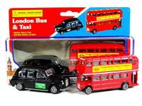 Diecast Genuine London Bus and London Taxi Set (Mini) Souvenir - Moving Wheel Action - Sightseeing - Hop On Hop Off - Toy - 5 Passenger Cab - Hackney Cab - London Souvenir