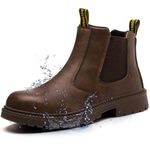 KELODON Waterproof Steel Toe Boots for Men-6 Inch Leather Slip On Safety Work Boots Mens Steel Toe Shoes Indestructible Non Slip Resistant Ankle Industrial Construction Boot,Brown,9