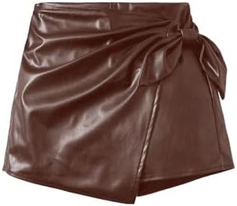 Milumia Girl's PU Leather Wrap Knot Side Skorts Casual Ruched Elastic Waist Shorts Chocolate Brown 9Y