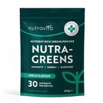 Nutravita Super Greens Powder - 23 Advanced Vegan Ingredients - Greens, Vitamins and Superfoods - Probiotic Blend for Gut Health - UK Made - 30 Servings (Apple Flavour)