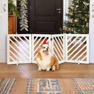 dCee Solid Acacia Wood Dog Gate, Freestanding Dog Gates Indoor Extra Wide 81 in, Foldable Pet Gate with 4 Panels & 2 Support Legs for Doorway, Kitchen, Hall, Stairs White