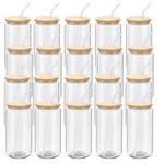 20 Pack Drinking Glass with Bamboo Lids and Glass Straws, Beer Glass Can Shaped Drinking Glasses Cups, Glass Tumbler Reusable Cute Cups for Whiskey, Iced Coffee, Tea, Soda, Cocktail, Gift, Clear 16oz